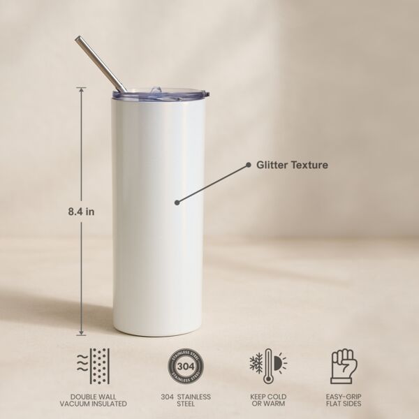 20oz Glitter Stainless Skinny with Straw (White) Thumbnail