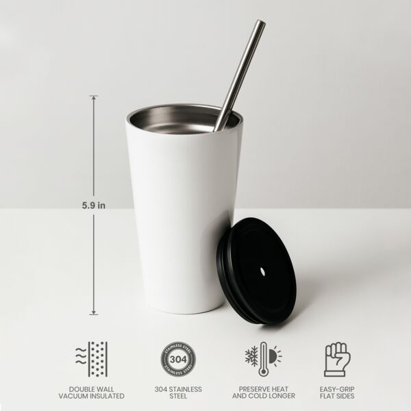 16oz Stainless Steel Tumbler with Straw (White) Thumbnail