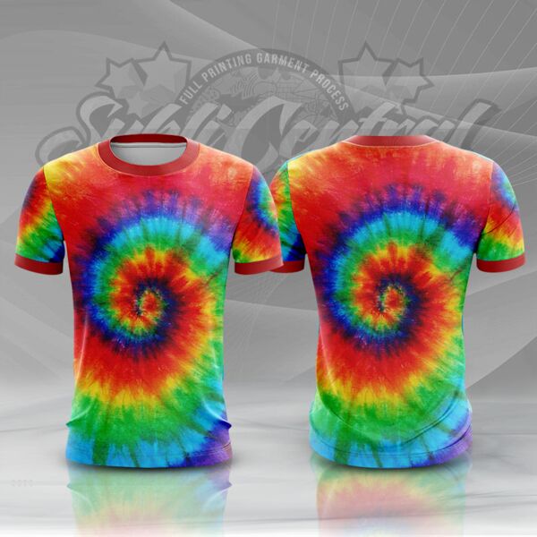 Red-Orange Tie Dye Colorful Full Print Roundneck Shirt Thumbnail