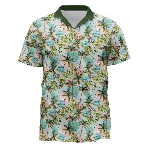 Palm Tree Design Full Print Button Down Polo Thumbnail