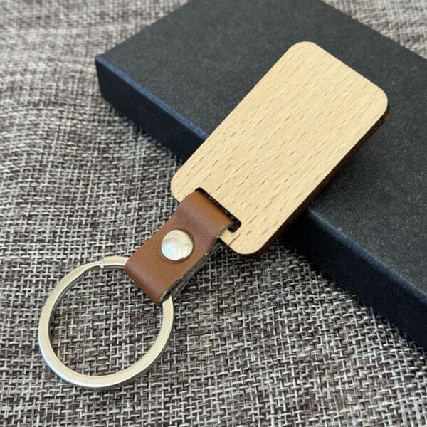 Wooden Rectangle Keychain with Leather Handle Thumbnail