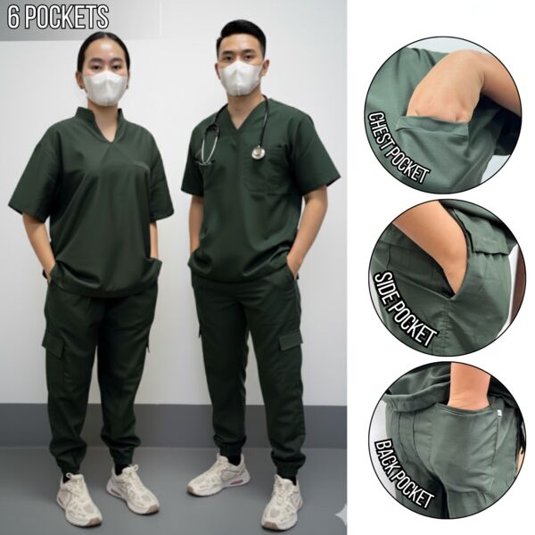 Chinese Collar Scrub Suit Set 6 Pocket With Plain Pants Unisex Thumbnail